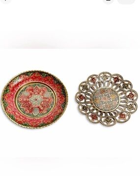 Vintage Brass Carved Enamel Cloisonne Set of 2 Dishes Decor Bowl Floral India